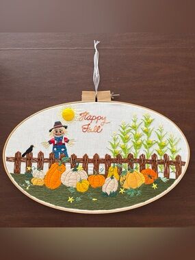 Finished Hand Embroidery Large Hoop Artwork “Happy Fall”; 20.5” L X 12”